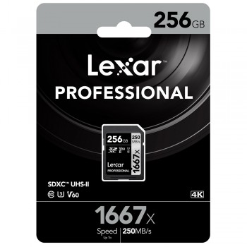 Lexar 1667X Professional 256GB V60 U3 SDXCâ„¢ UHS-II Memory Cards (up to 250MB/s read, 120MB/s write)