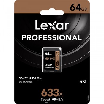 Lexar 633X Professional 64GB V30 U3 SDHCâ„¢/SDXCâ„¢ UHS-I Memory Cards (up to 95MB/s read, Write 45MB/s)