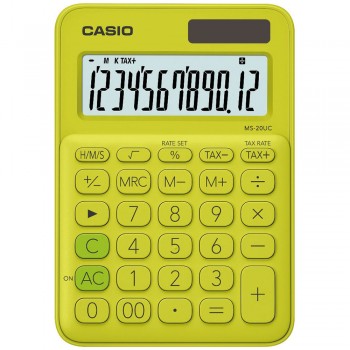 Casio Colourful Calculator - 12 Digits, Solar & Battery, Tax & Time Calculation, Yellow Green (MS-20UC-YG)